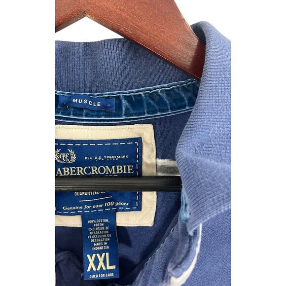 Abercrombie Fitch Polo Shirt Mens XXL 2XL Rugby Muscle Blue White Stripe Moose - Picture 6 of 8